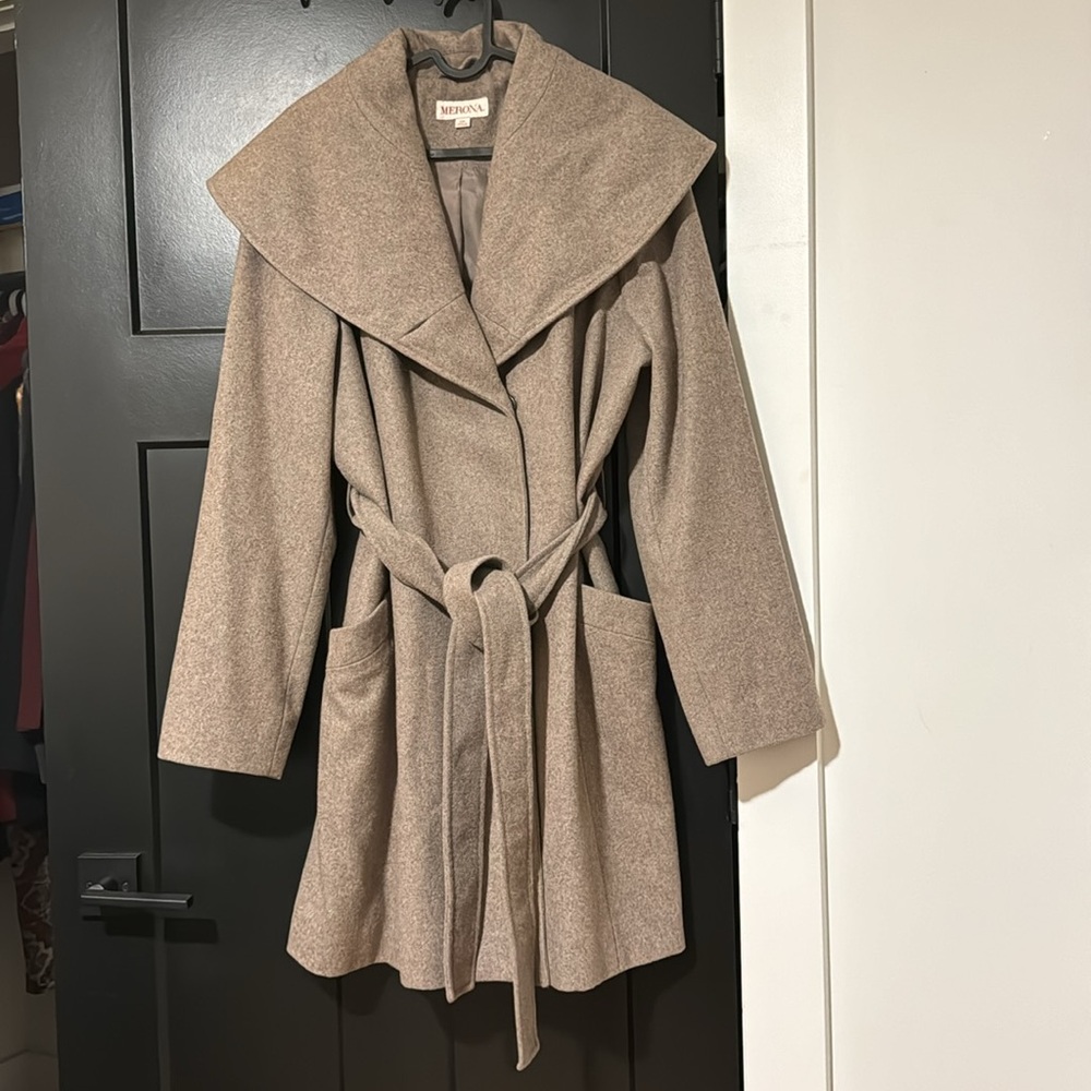 Merona Wool Blend Oatmeal/ Grey Color Long Peacoat with Belt